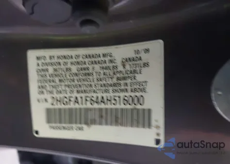 2010 Honda Civic Lx-S from USA, damaged, VIN 2HGFA1F64AH516000